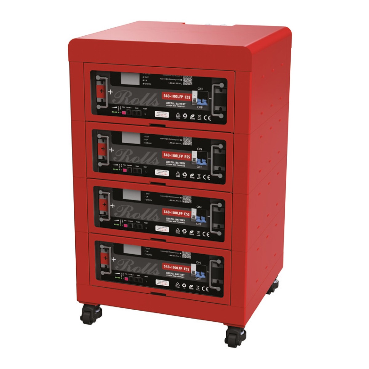 Rolls Lithium LiFePo4 Battery Bank 20.48kWh 4x 100Ah 48V 5.12kWh with 16U ESS cabinet